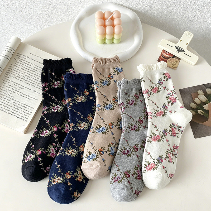 CouldNook Bubble Cuff Rose Floral Mid-Calf Socks - Stackable Socks