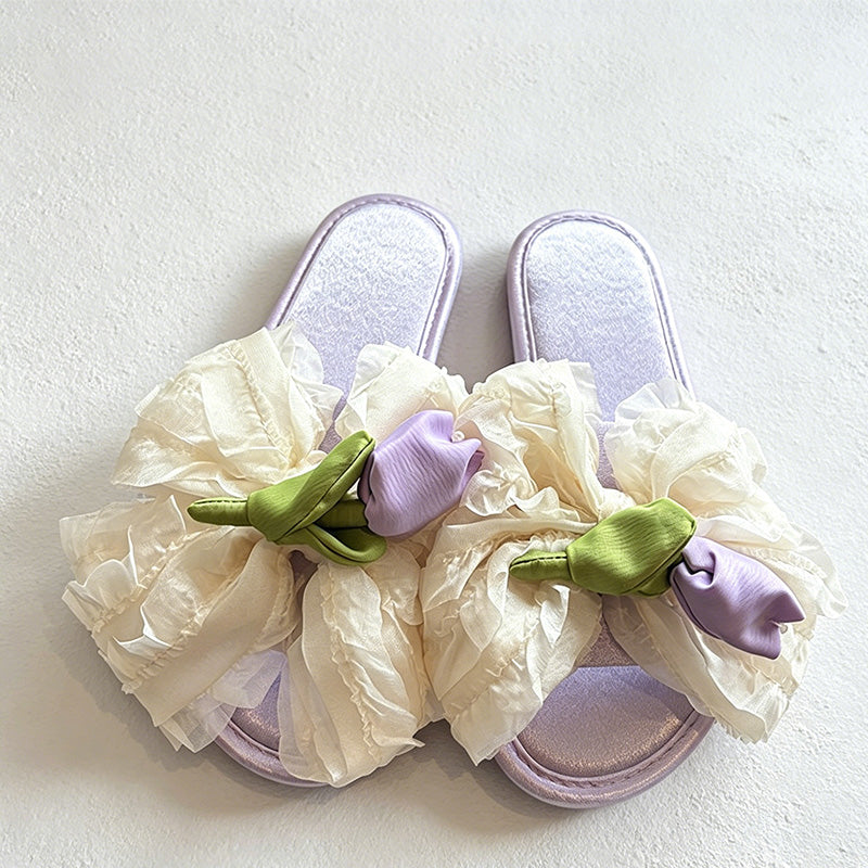 CouldNook Floral Satin Bow Slide Slippers - Sweet Lounge Accent