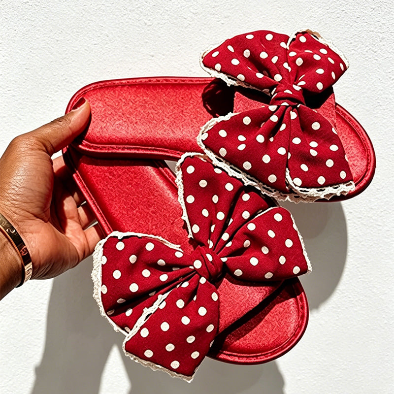 CouldNook Polka Dot Bow Satin Slide Slippers - Cheerful Room Accent