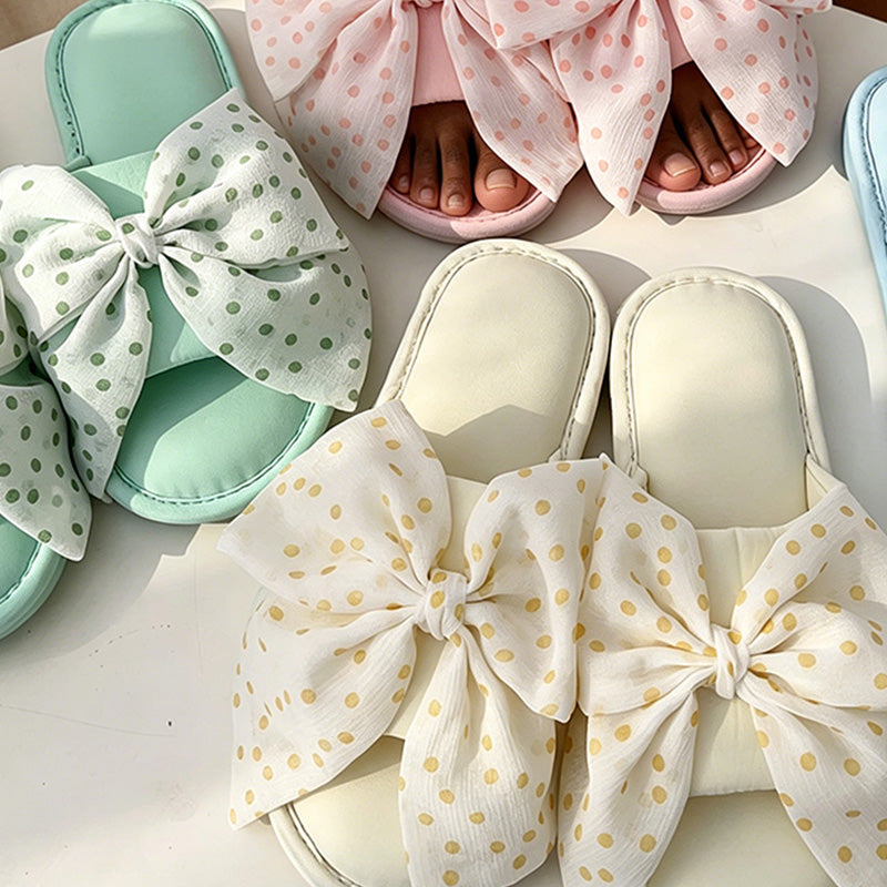 CouldNook Polka Dot Ribbon Bow Open Toe Slippers - Gentle Room Accent