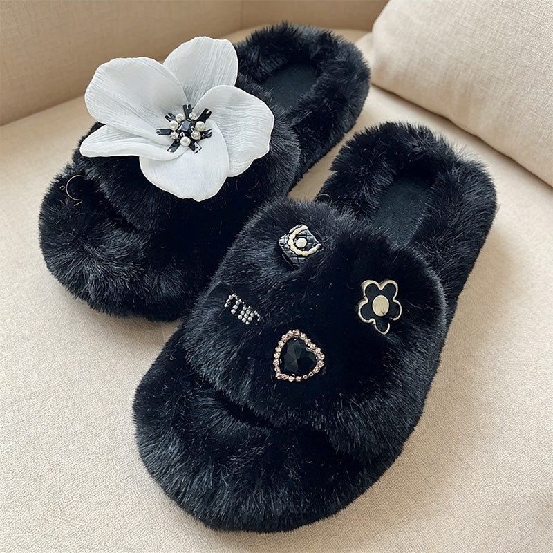 CouldNook Plush Flower Open Toe Slippers - Calm Bedroom Accent