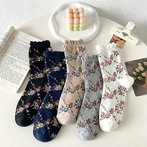 CouldNook Bubble Cuff Rose Floral Mid-Calf Socks - Stackable Socks