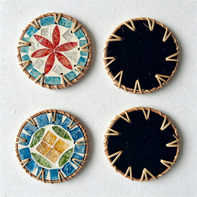 CouldNook Rattan Shell Inlaid Coaster - Aesthetic Handcrafted Mat