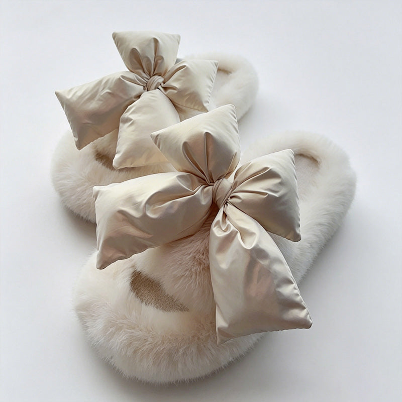CouldNook Contrast Bow Plush Open Toe Slippers - Soft Shelf Accent