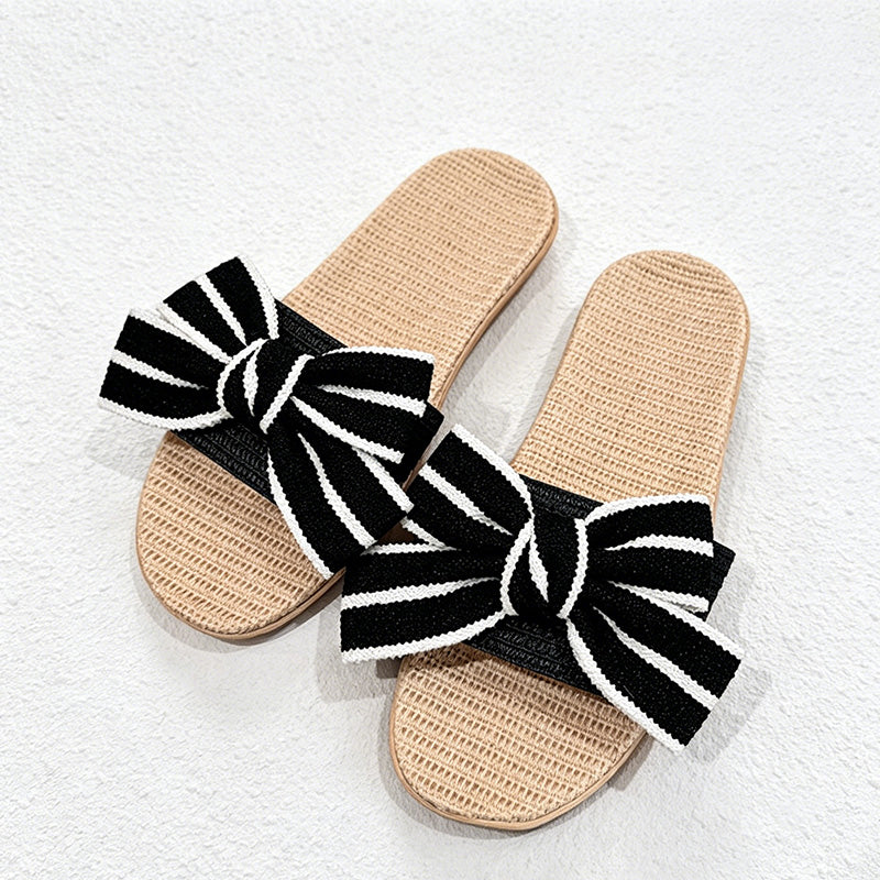 CouldNook Striped Bow Open Toe House Slippers - Dressing Corner Accent