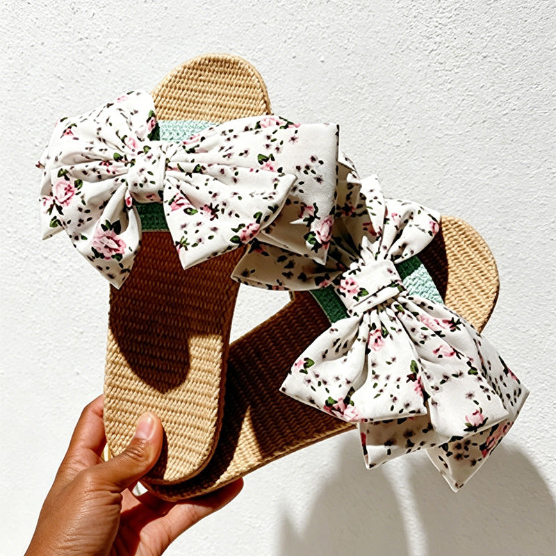 CouldNook Japanese Floral Linen Big Bow Slide Slippers - Sunny Room Accent