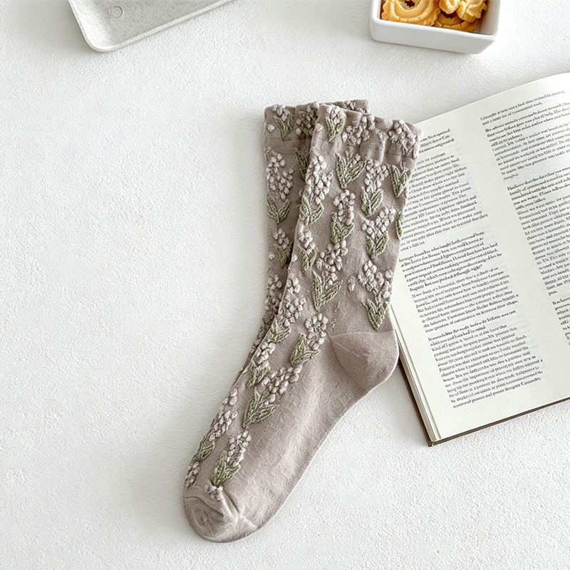 CouldNook Embossed Floral Mid-Calf Socks - Women's Retro Casual Stackable Socks