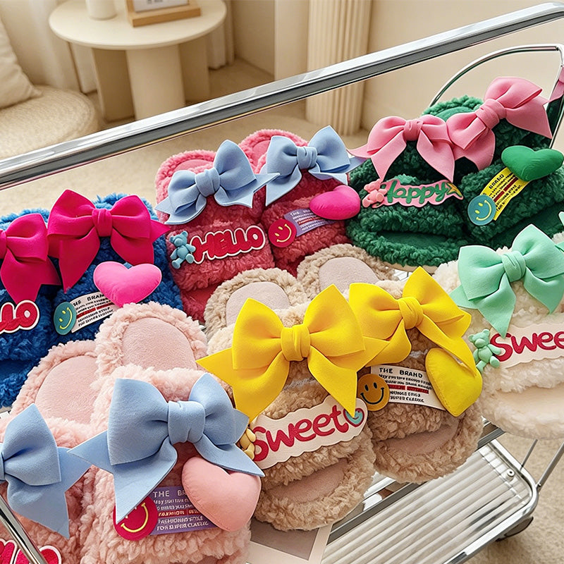 CouldNook Folded Bow Plush Open Toe Slippers - Colorful Lounge Accent
