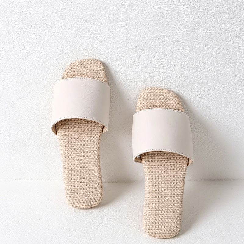 CouldNook Faux Leather Linen Sole Open Toe Slippers - Four Season Accent