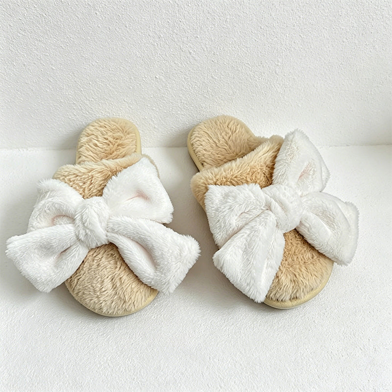 CouldNook Bunny Ear Bow Open Toe Slippers - Soft Bedroom Accent