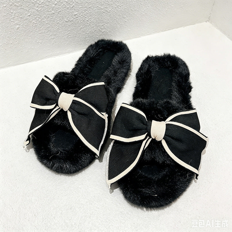 CouldNook Bow Fluffy Faux Fur Slide Slippers - Warm Dressing Accent