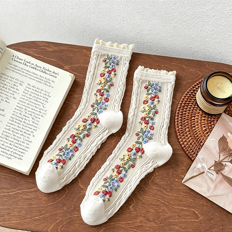 CouldNook Lace Ruffle Embossed Floral Socks - Women Ethnic Stackable Socks