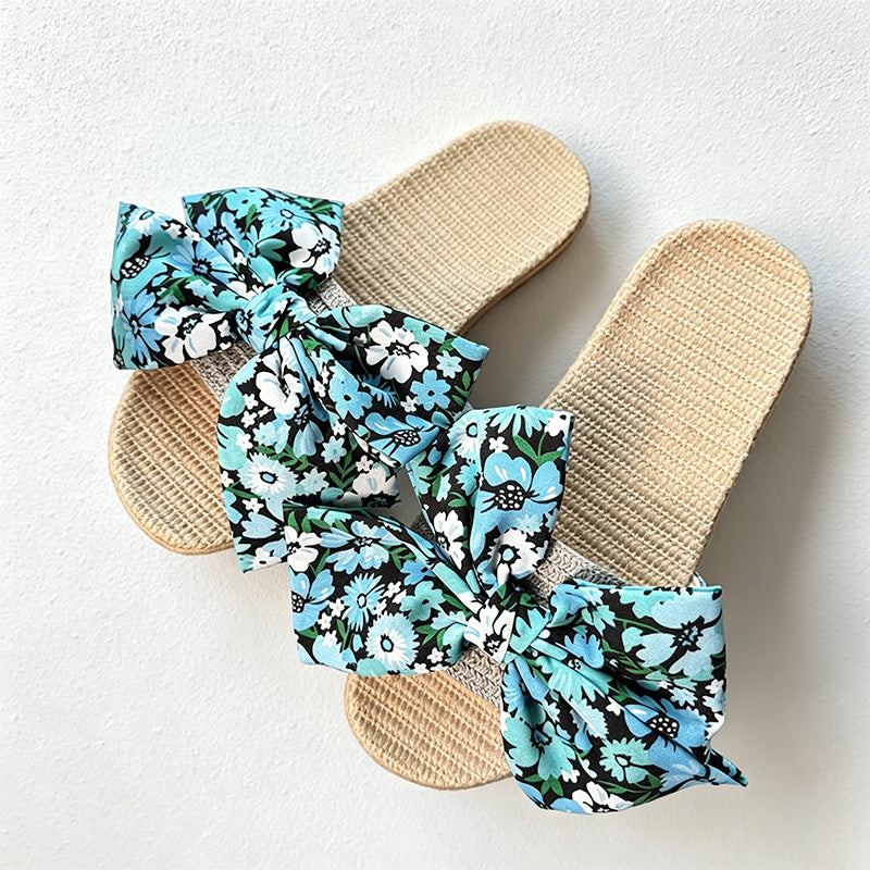 CouldNook Summer Ditsy Floral Linen Bow Slide Slippers - Garden Room Accent