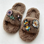 CouldNook Gem-Look Flower Plush Open Toe Slippers - Bright Room Accent