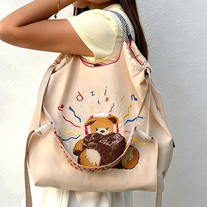 CouldNook Headphone Bear Sequin Embroidery Shopping Bag - Everyday Market Accent