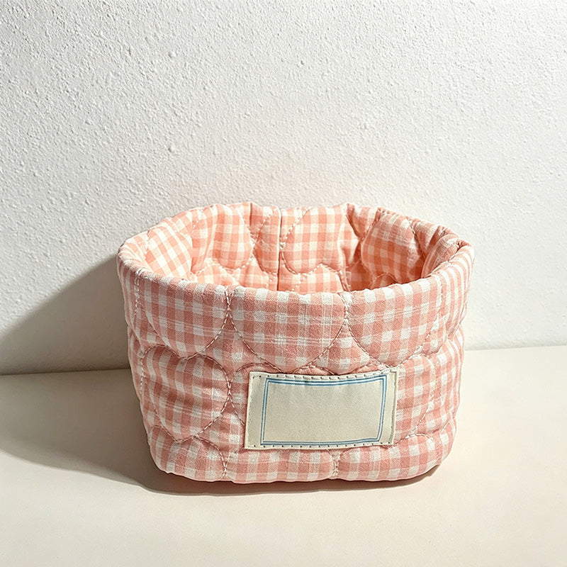 CouldNook Heart Quilted Gingham Storage Basket - Cute Desktop Organizer Bin
