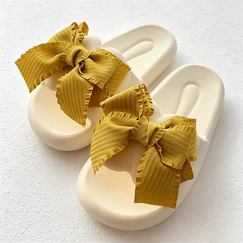 CouldNook Candy Color Ruffled Ribbon Bow Slide Slippers - Soft Lounge Accent