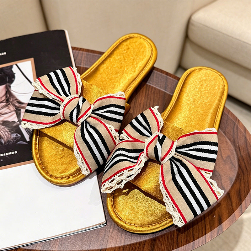 CouldNook Striped Bow Open Toe Slippers - Relaxed Home Accent