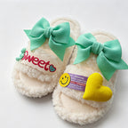 CouldNook Folded Bow Plush Open Toe Slippers - Colorful Lounge Accent