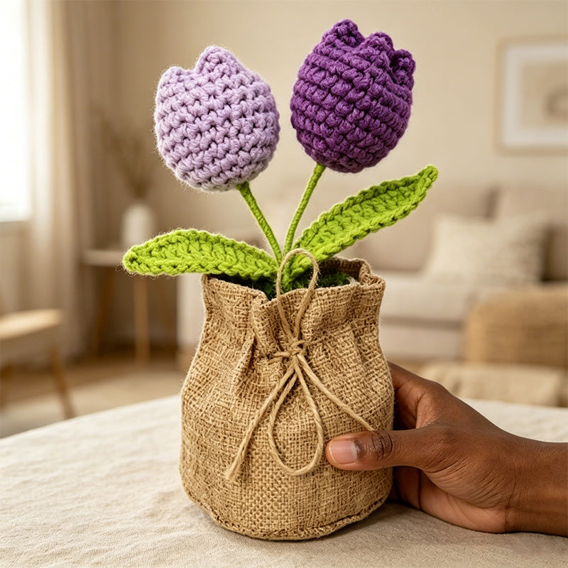 CouldNook Crochet Flower Mini Potted Ornament - Tabletop Rustic Fake Flower Decor