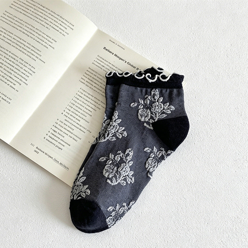 CouldNook Ruffled Cuff Embossed Floral Low Socks - Ethnic Women Socks