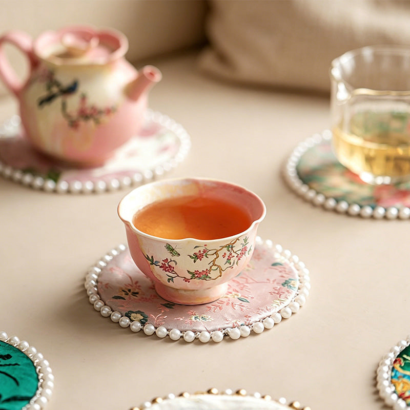 CouldNook Vintage Oriental Brocade Coaster - Luxury Pearl-Edged Teacup Mat