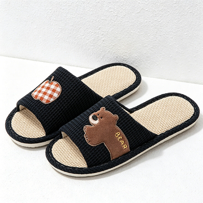 CouldNook Apple Bear Linen-Look Open Toe Slippers - Cozy Indoor Accent