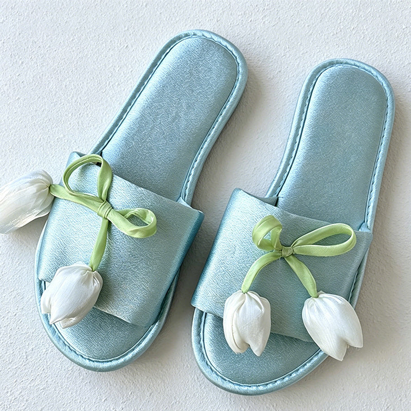 CouldNook Tulip Bow Open Toe Slippers - Gentle Bedroom Accent