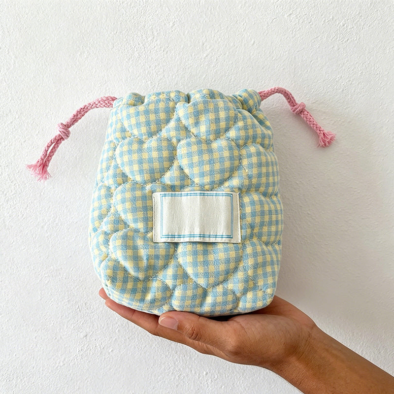 CouldNook Quilted Heart Check Drawstring Pouch - Travel Organizer Bag