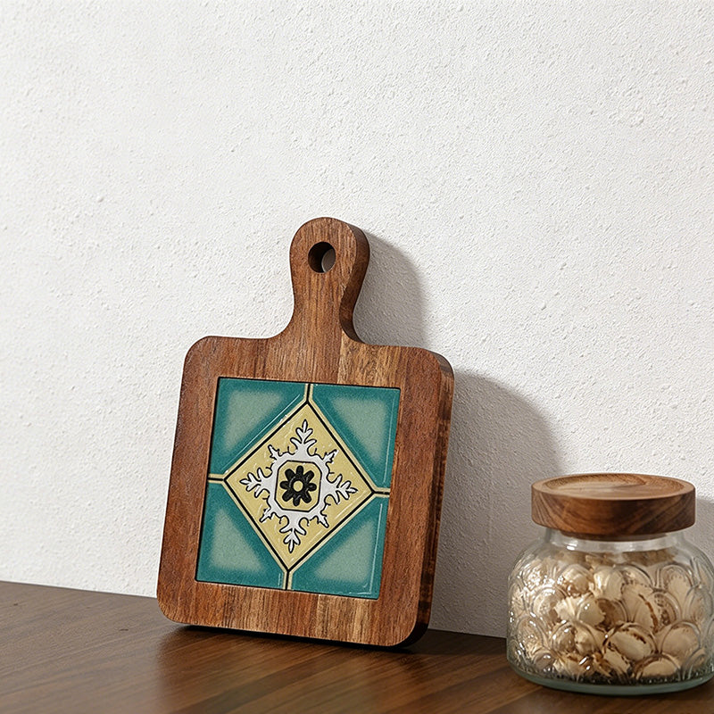 CouldNook Acacia Wood Blue Floral Tile Trivet - Heat Resistant Kitchen Pot Holder