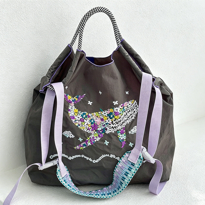 CouldNook Floral Whale Embroidery Shopping Bag - Everyday Market Accent