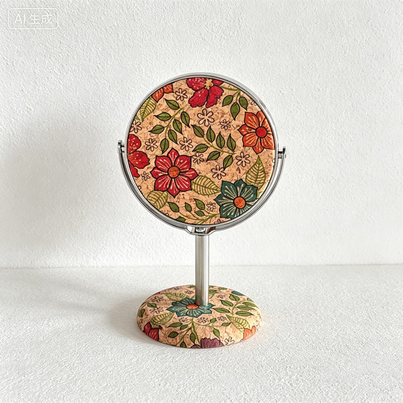 CouldNook Retro Cork Floral Round Standing Table Mirror