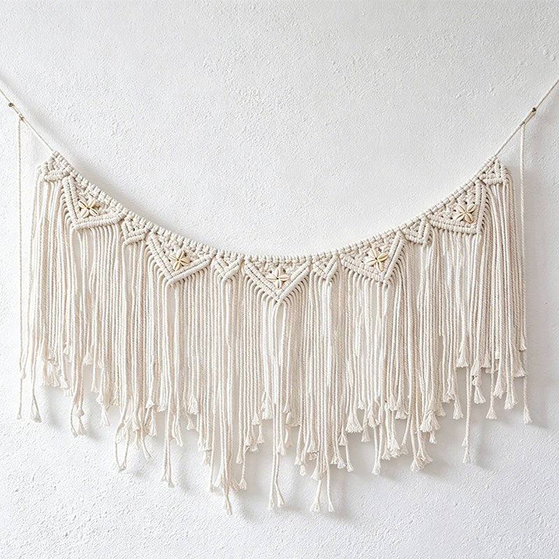 CouldNook Shell Accent Macrame Wall Banner – Boho Fringe Wall Hanging Tapestry