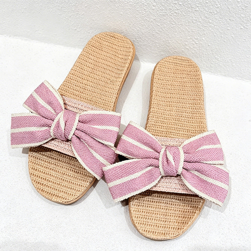 CouldNook Striped Bow Open Toe House Slippers - Dressing Corner Accent