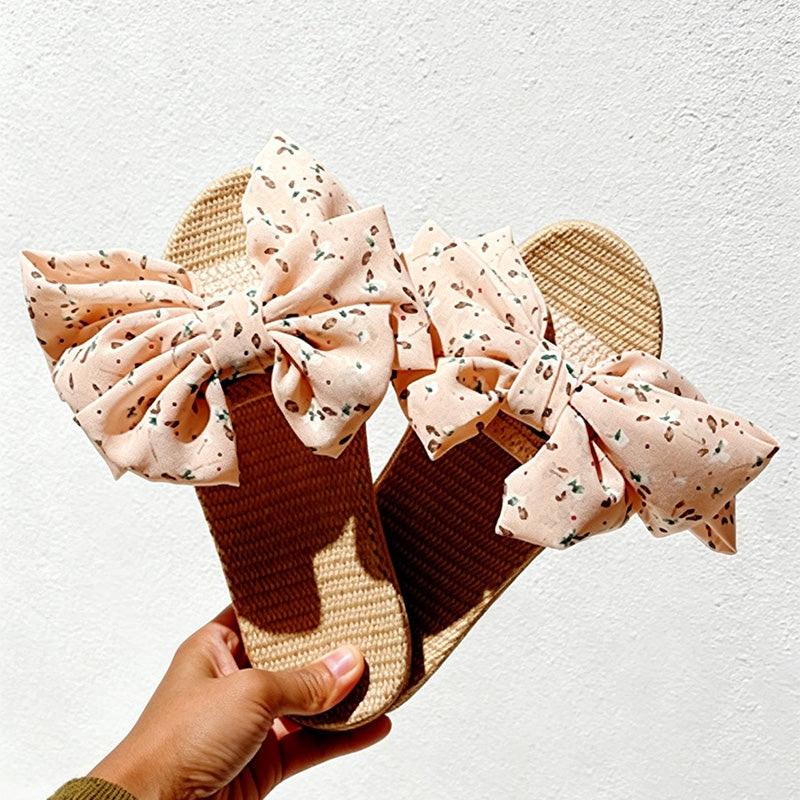 CouldNook Japanese Floral Linen Big Bow Slide Slippers - Sunny Room Accent