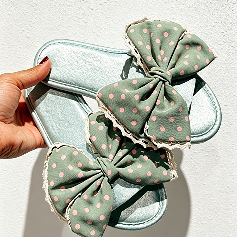 CouldNook Polka Dot Bow Satin Slide Slippers - Cheerful Room Accent