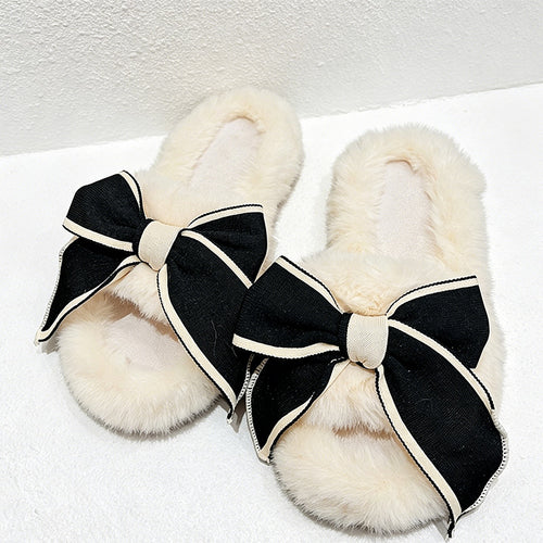 CouldNook Bow Fluffy Faux Fur Slide Slippers - Warm Dressing Accent