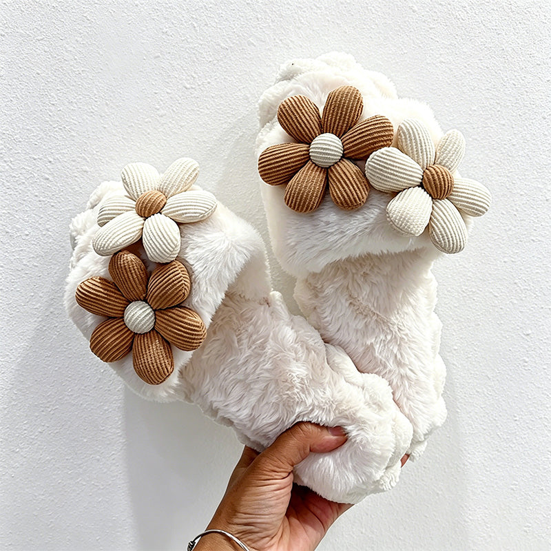 CouldNook Daisy Applique Plush Open Toe Slippers - Warm Floral Accent