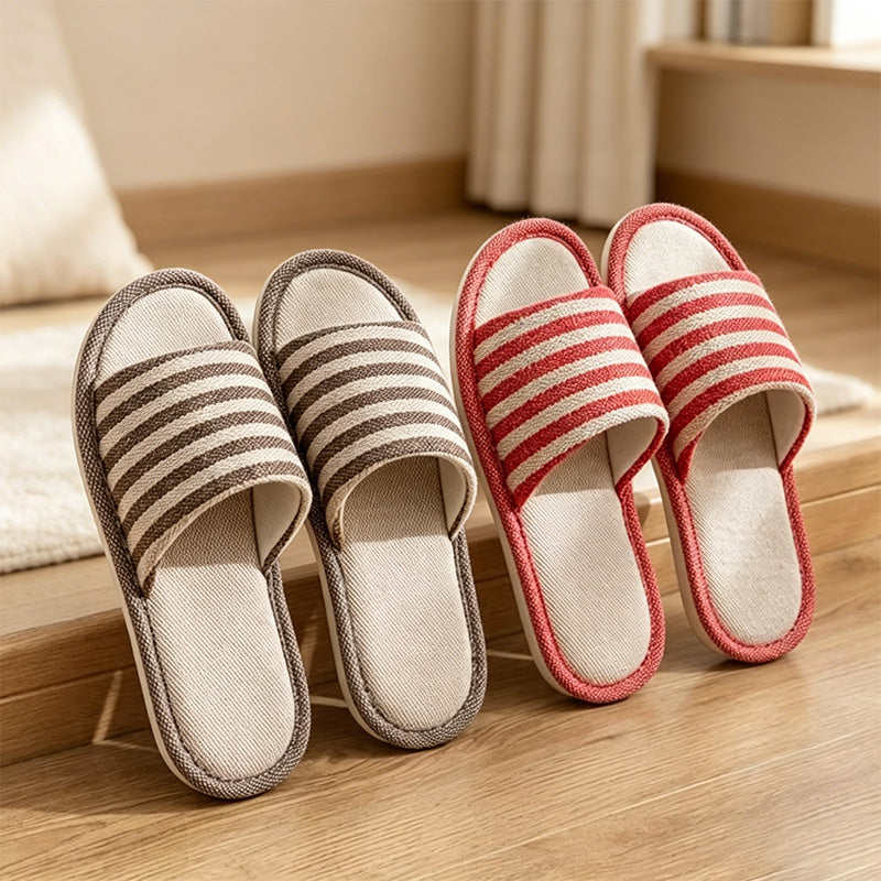 CouldNook Striped Linen-Look Open Toe Slippers - Everyday Indoor Accent
