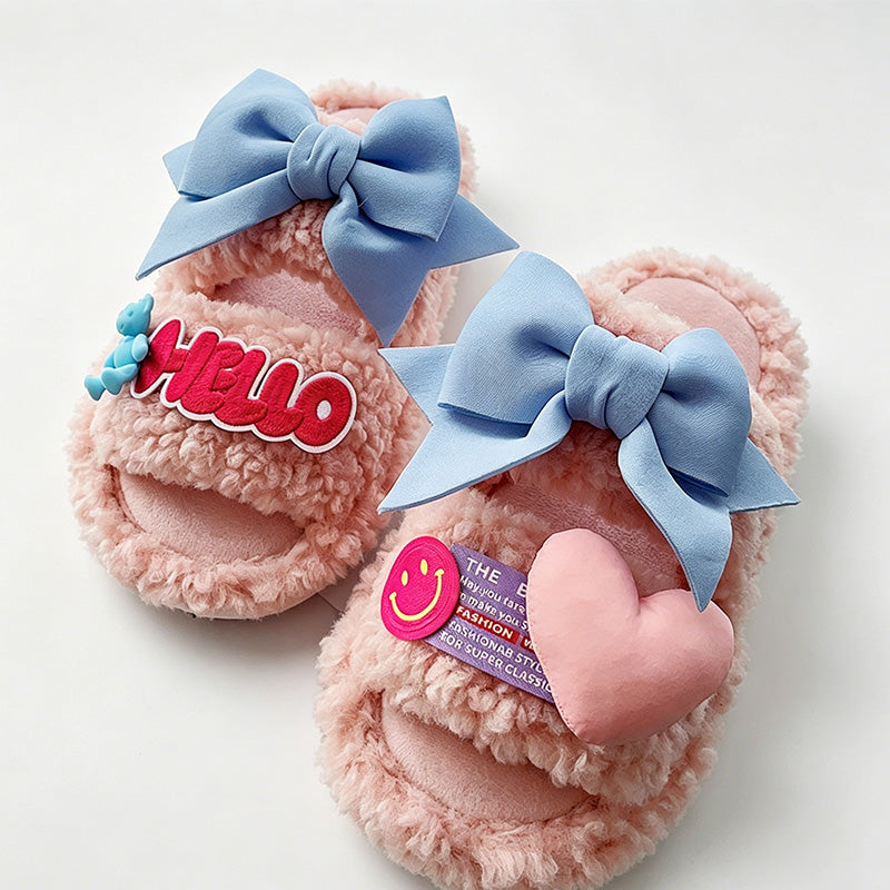 CouldNook Folded Bow Plush Open Toe Slippers - Colorful Lounge Accent