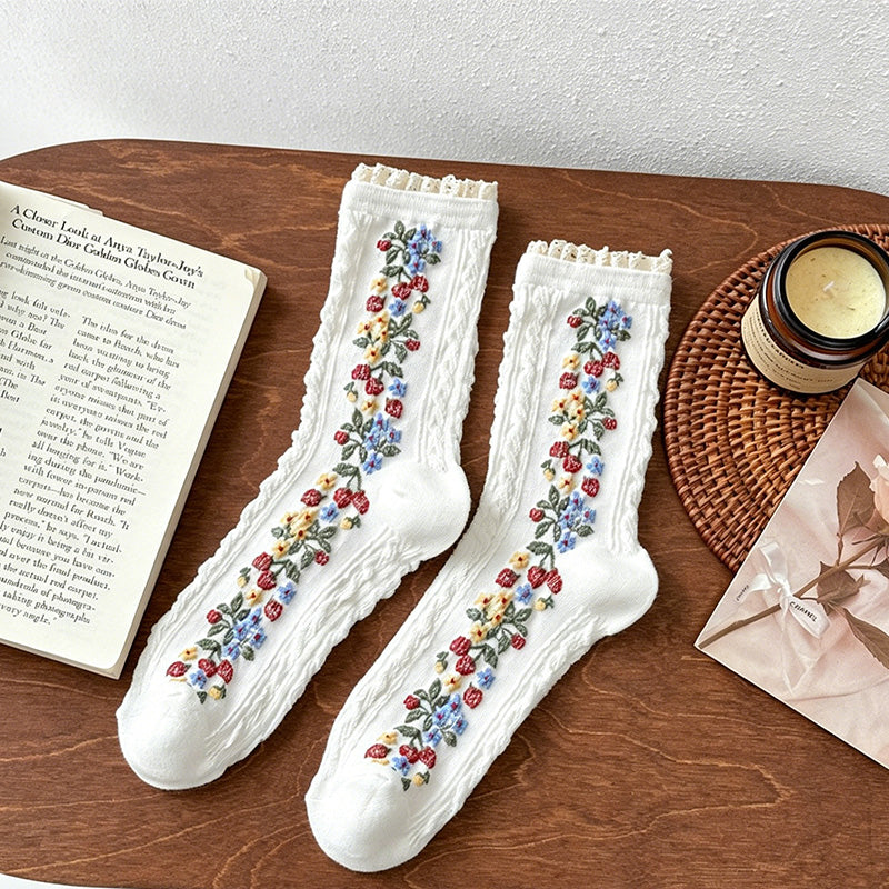 CouldNook Lace Ruffle Embossed Floral Socks - Women Ethnic Stackable Socks