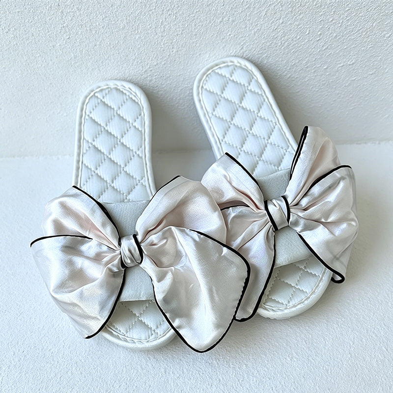 CouldNook Satin Bow Quilted Slide Slippers - Dressing Room Accent