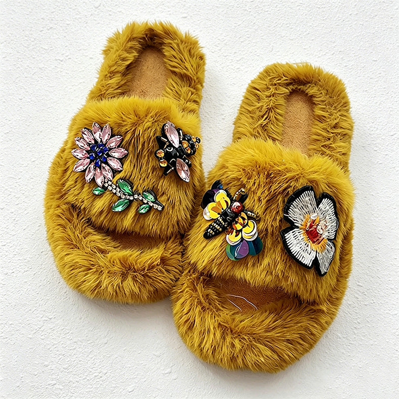 CouldNook Gem-Look Flower Plush Open Toe Slippers - Bright Room Accent