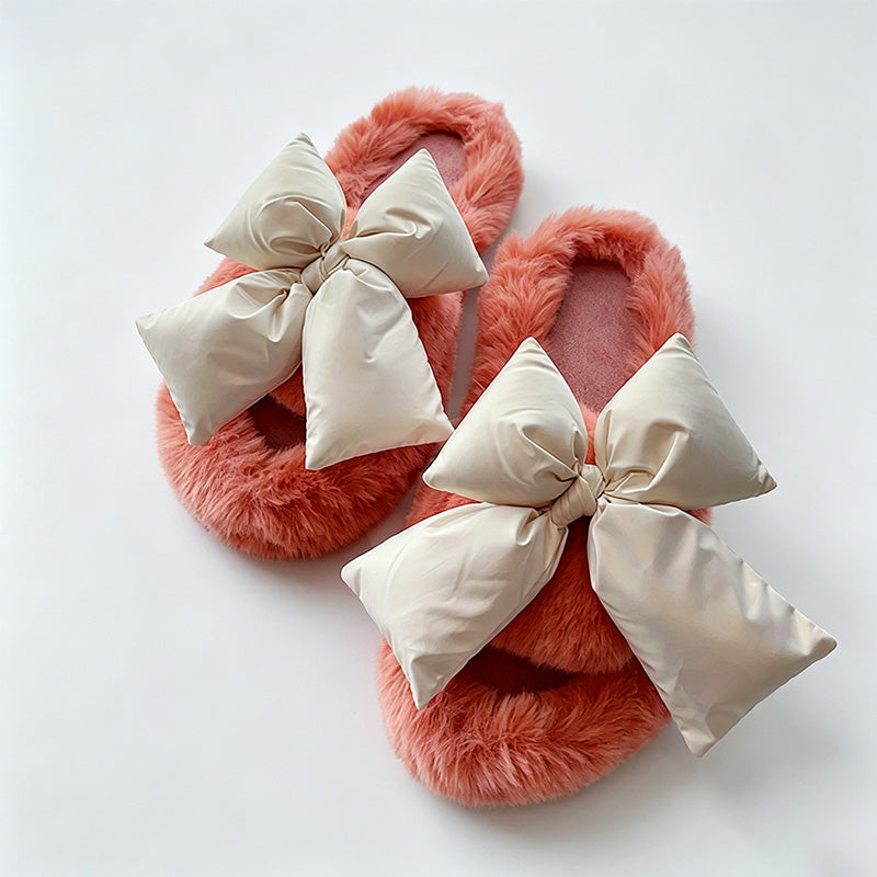 CouldNook Contrast Bow Plush Open Toe Slippers - Soft Shelf Accent
