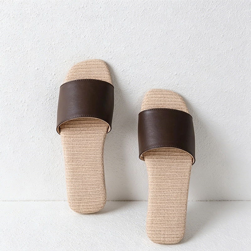 CouldNook Faux Leather Linen Sole Open Toe Slippers - Four Season Accent