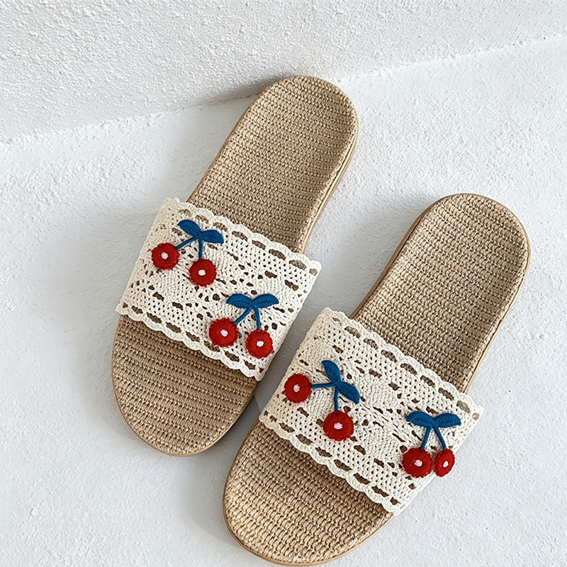 CouldNook Cherry Embroidery-Look Open Toe Slippers - Summer Home Accent