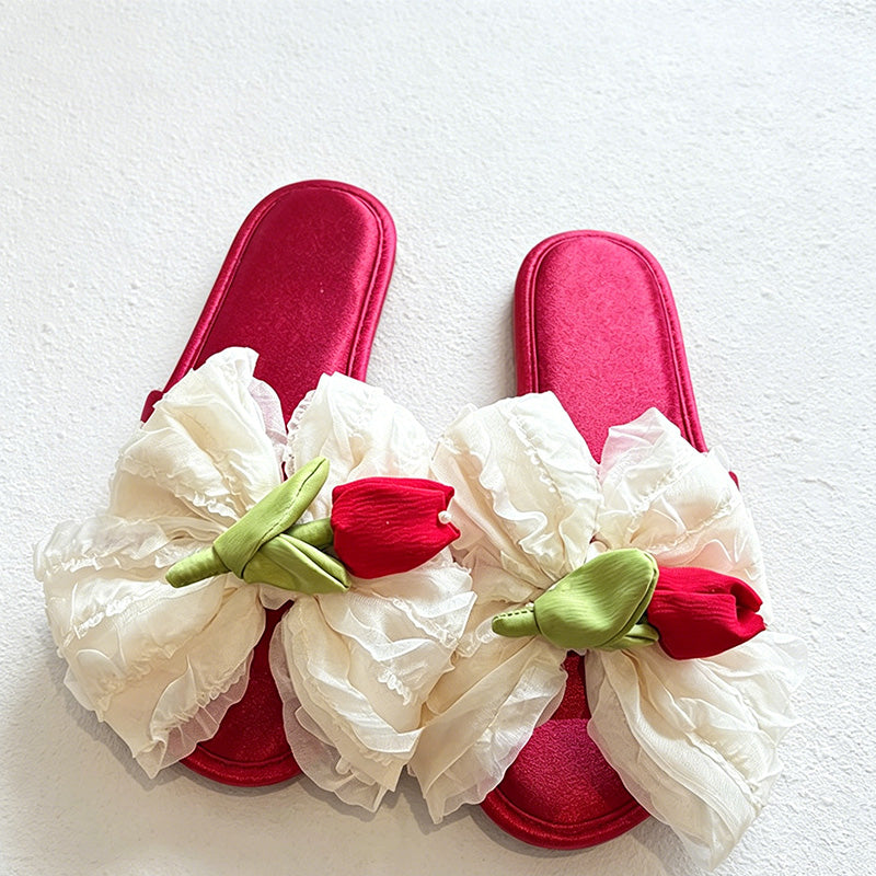 CouldNook Floral Satin Bow Slide Slippers - Sweet Lounge Accent