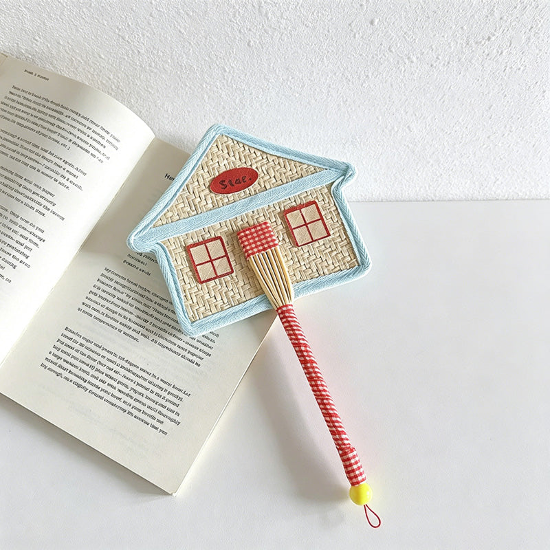 CouldNook Hand-Woven Straw Hand Fan - Cartoon House & Penguin Handheld Fan