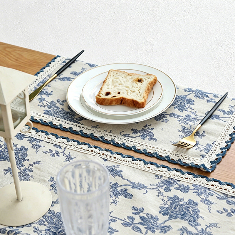 CouldNook Blue Floral Table Runner - Aesthetic Cotton-Linen Decor