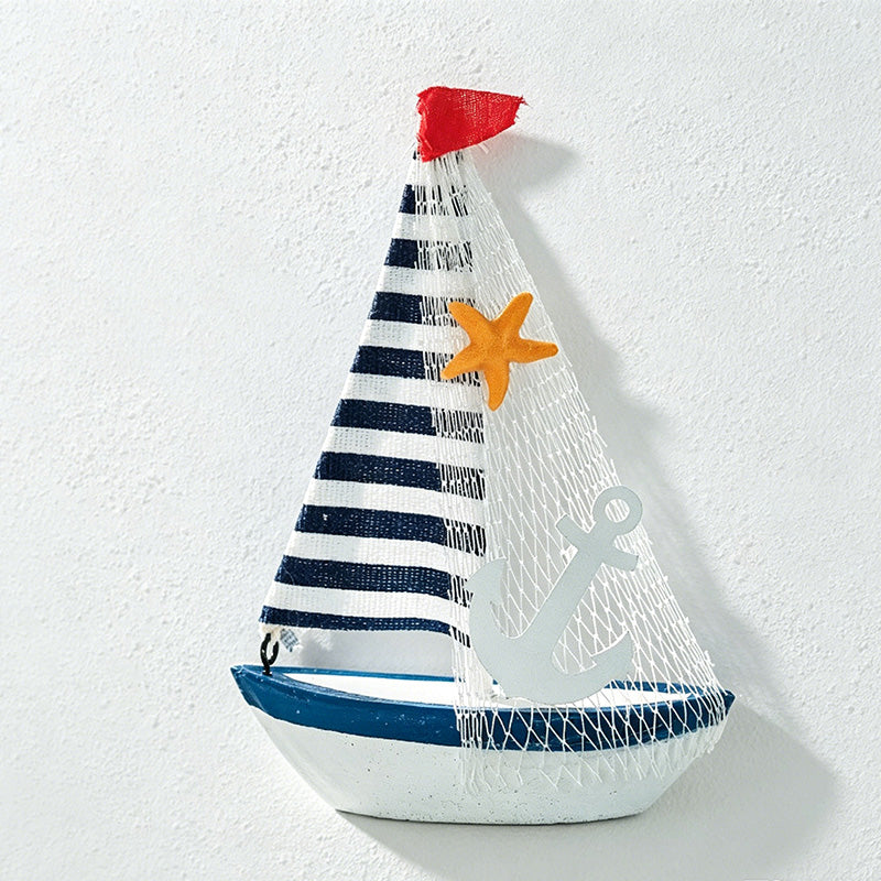 CouldNook Mediterranean Wooden Sailboat Model - Blue White Coastal Tabletop Decor
